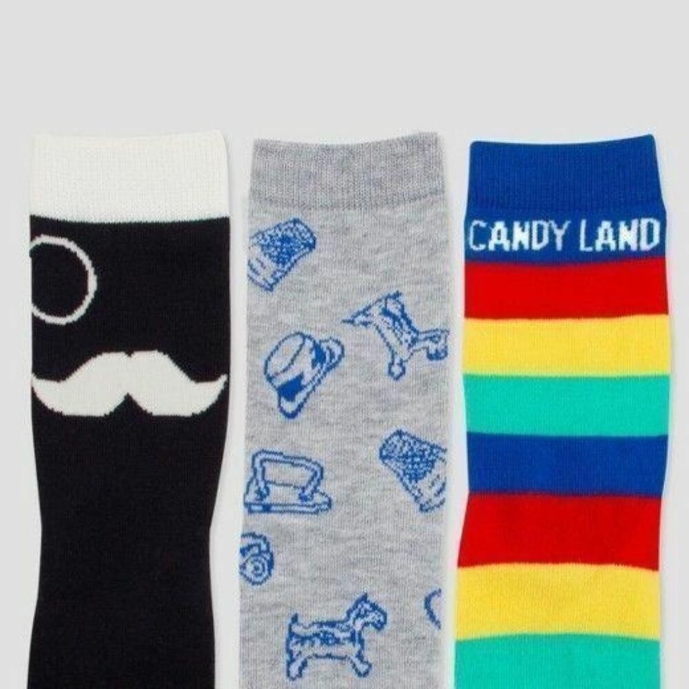 Junk Food Kids 3 Pack Graphic Crew Socks Operation Monopoly Size 3-10 Black Blue